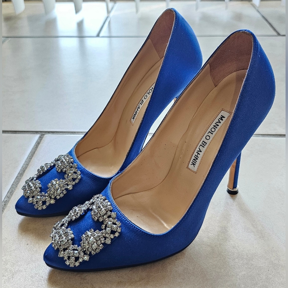 Manolo Blahnik Blue Satin Pumps with Embellished Toe
